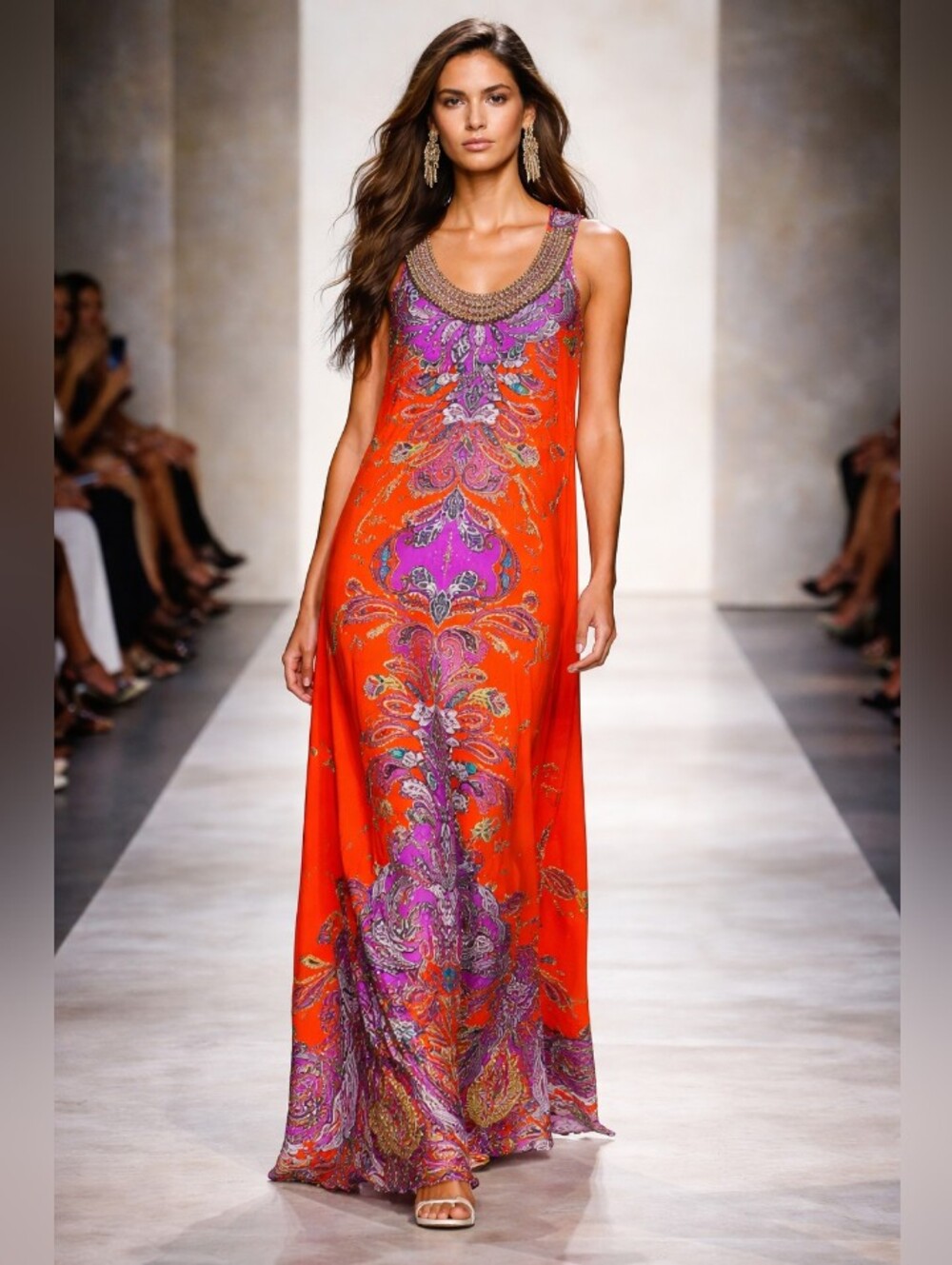 NY Collection Orange & Purple Beaded Neck Maxi Dress